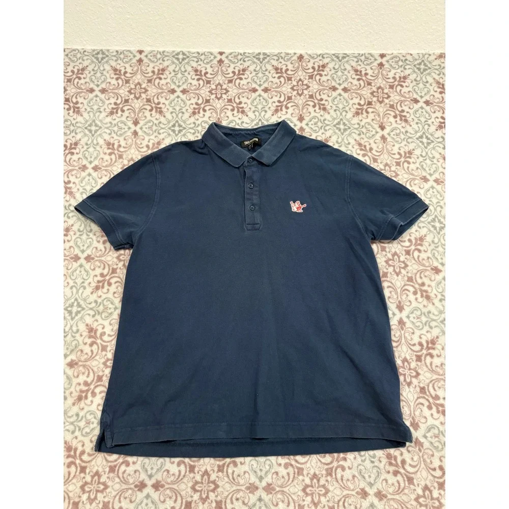 True Religion Mens Navy Blue Buddha Logo Pique Polo Shirt Size Medium